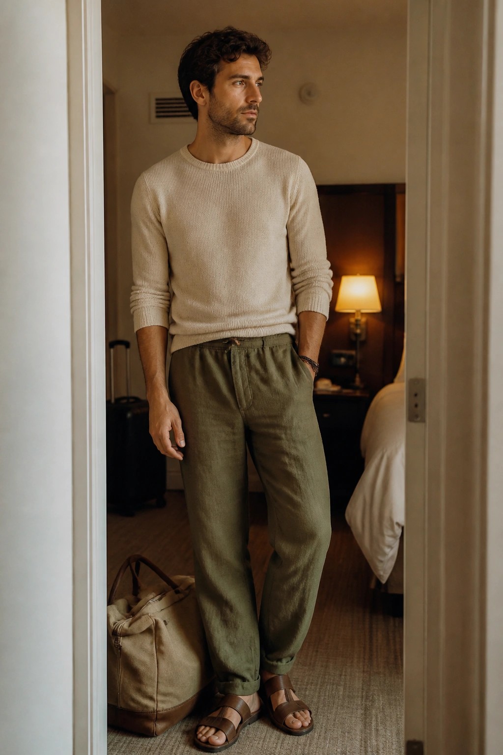 Man in beige sweater and olive pants standing in hotel doorway