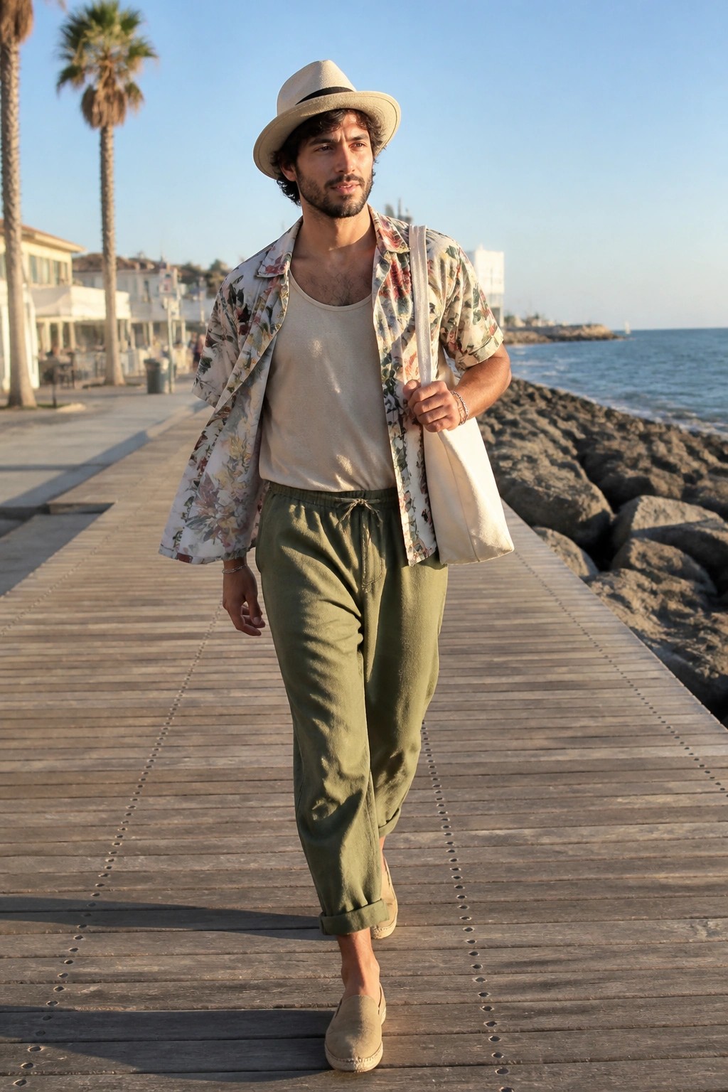 Man in hat and floral shirt carrying tote bag on seaside boardwalk