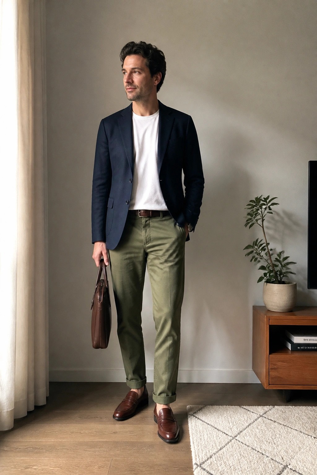 Man in navy blazer, white tee, olive pants, brown loafers holding leather bag
