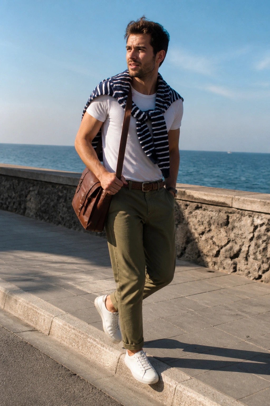 Man in white tee and green pants with striped scarf and brown bag by sea