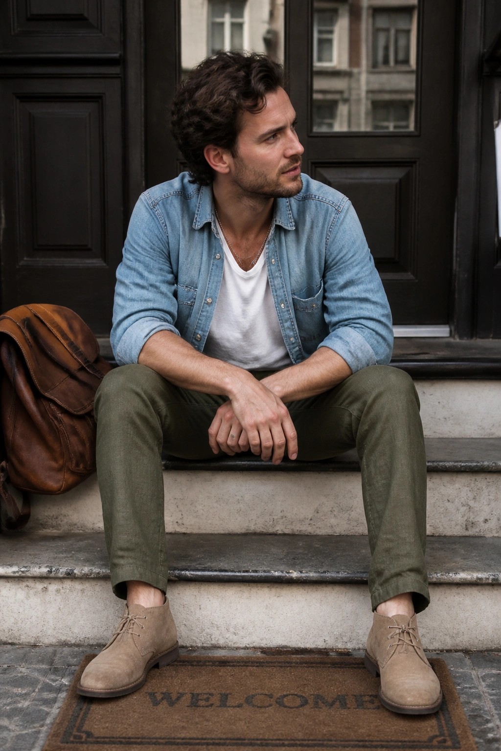 Man in denim shirt and green pants sitting on steps with backpack and welcome mat