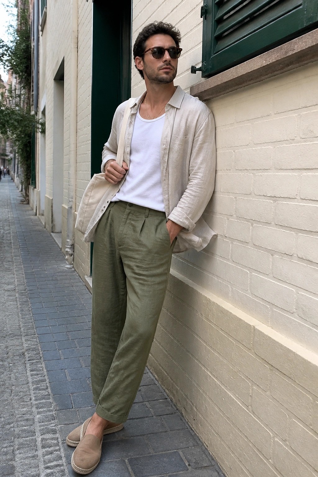 Man wearing olive green linen pants, open beige linen shirt over white tank top, beige espadrilles, gold chain necklace, brown sunglasses and canvas tote bag standing against a brick wall.