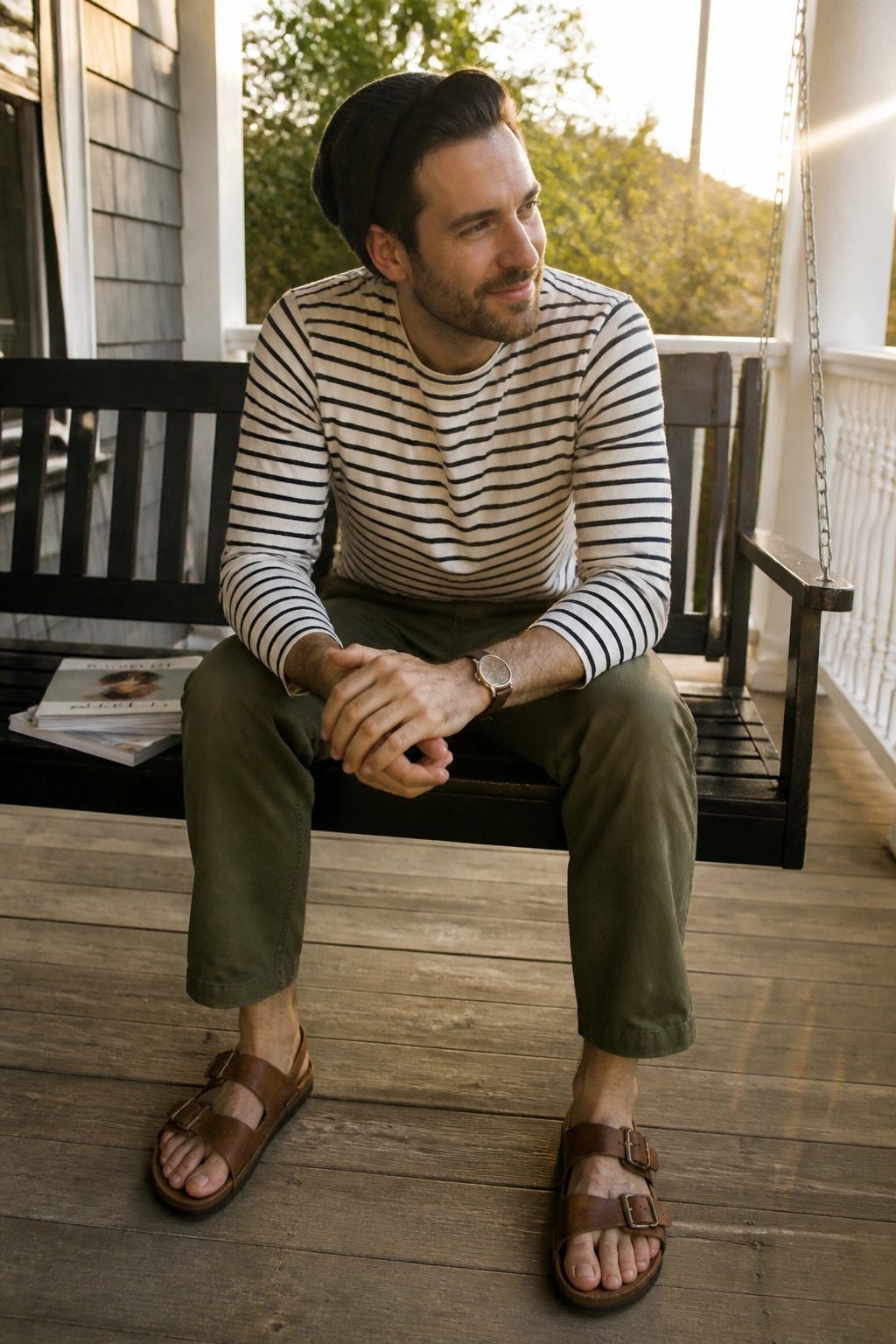 Man in striped shirt and beanie sitting on wooden porch swing at sunset