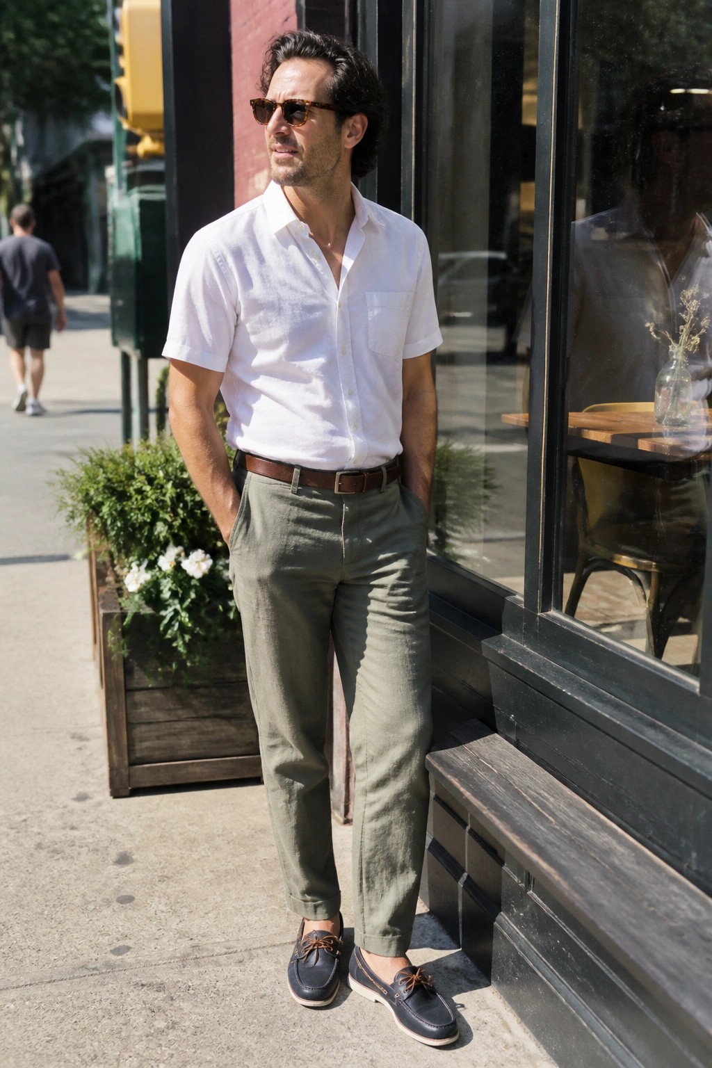 Man in white shirt and olive pants with hands in pockets by storefront.