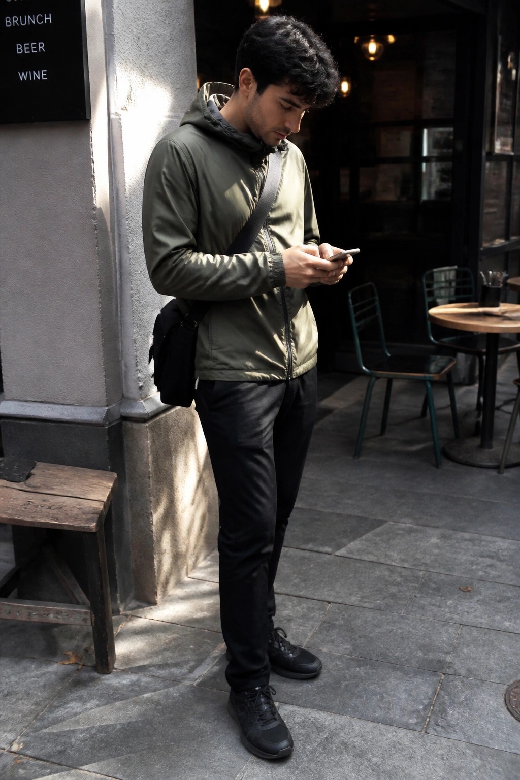 Man in green jacket checks phone outside cafe with outdoor seating.