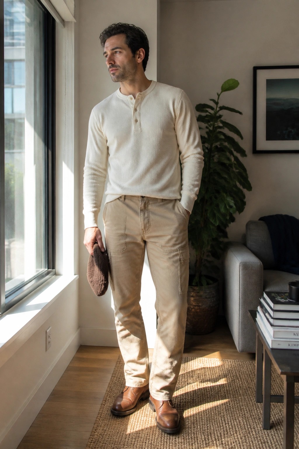 Man in cream henley shirt and beige cargo pants stands by sunny window holding cap