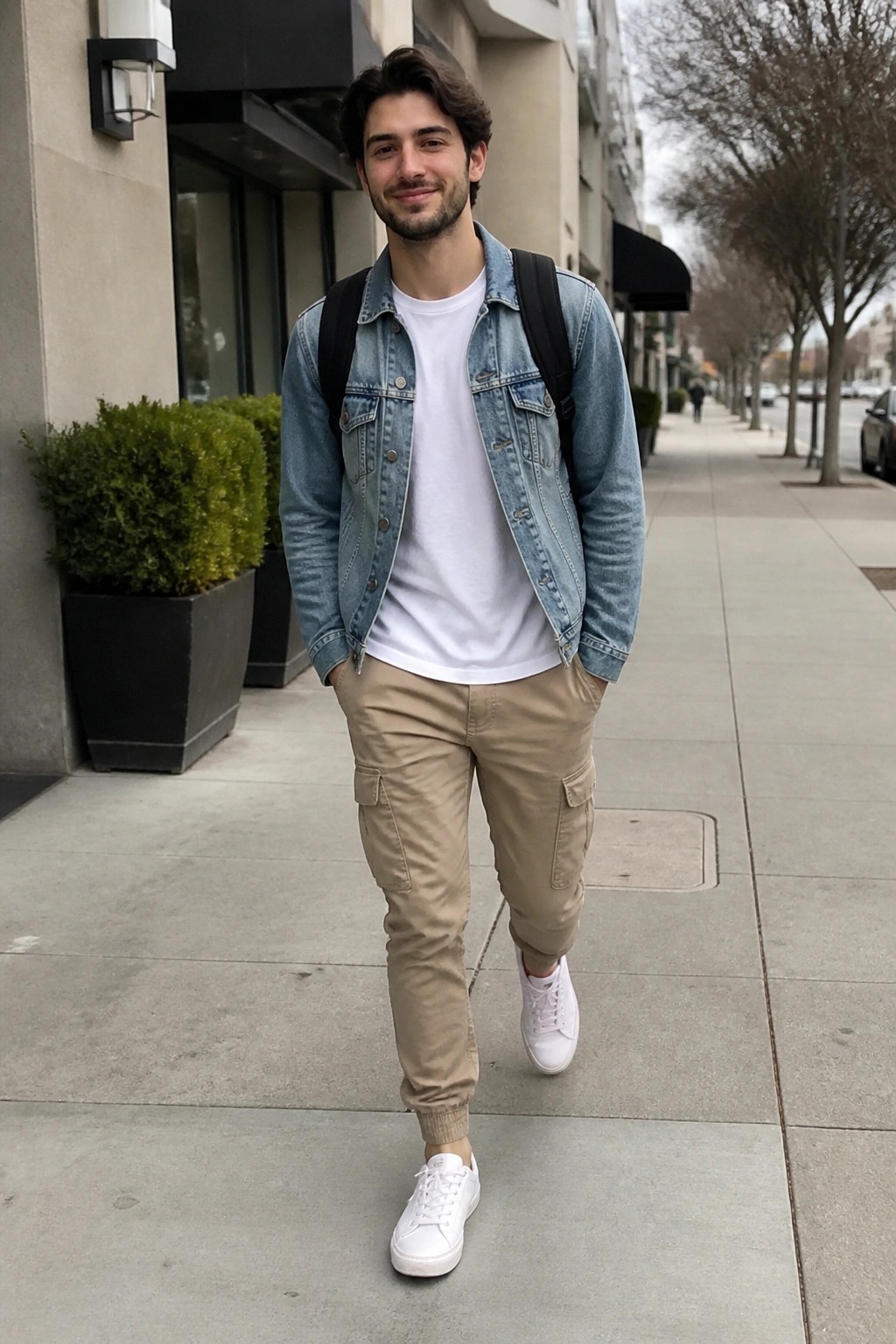 Young man in denim jacket and khaki pants smiles on urban sidewalk with backpack