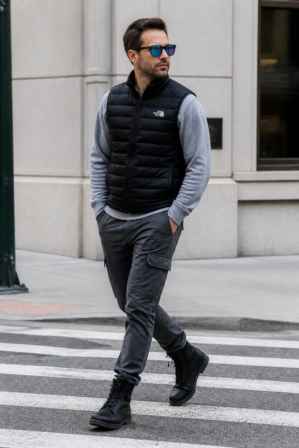 Man in black North Face puffer vest and gray cargo pants on crosswalk