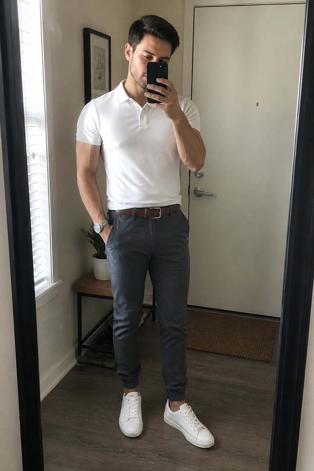 Man in white polo shirt and gray pants taking mirror selfie with black phone