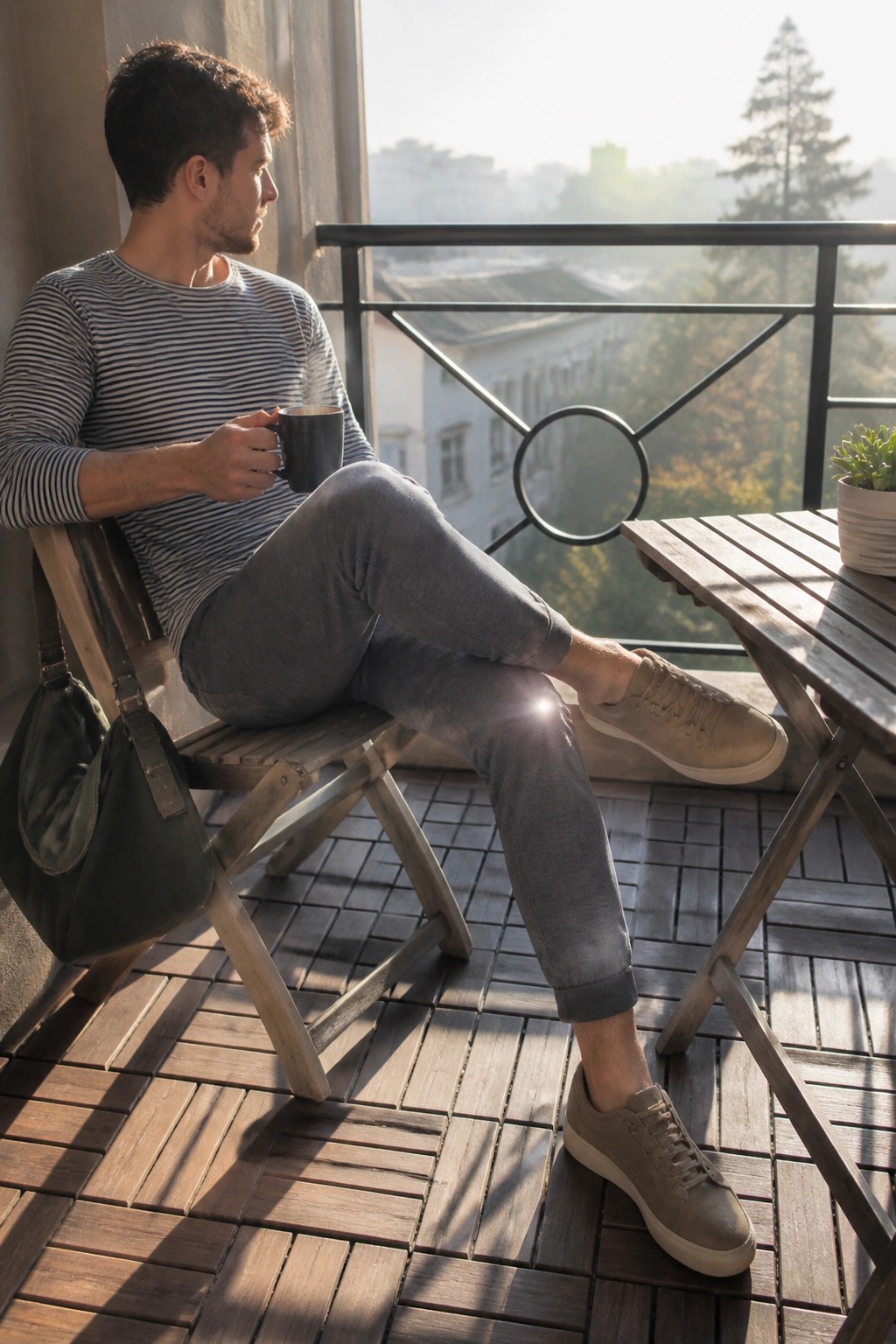Man in striped shirt holding steaming mug on sunny wooden balcony chair