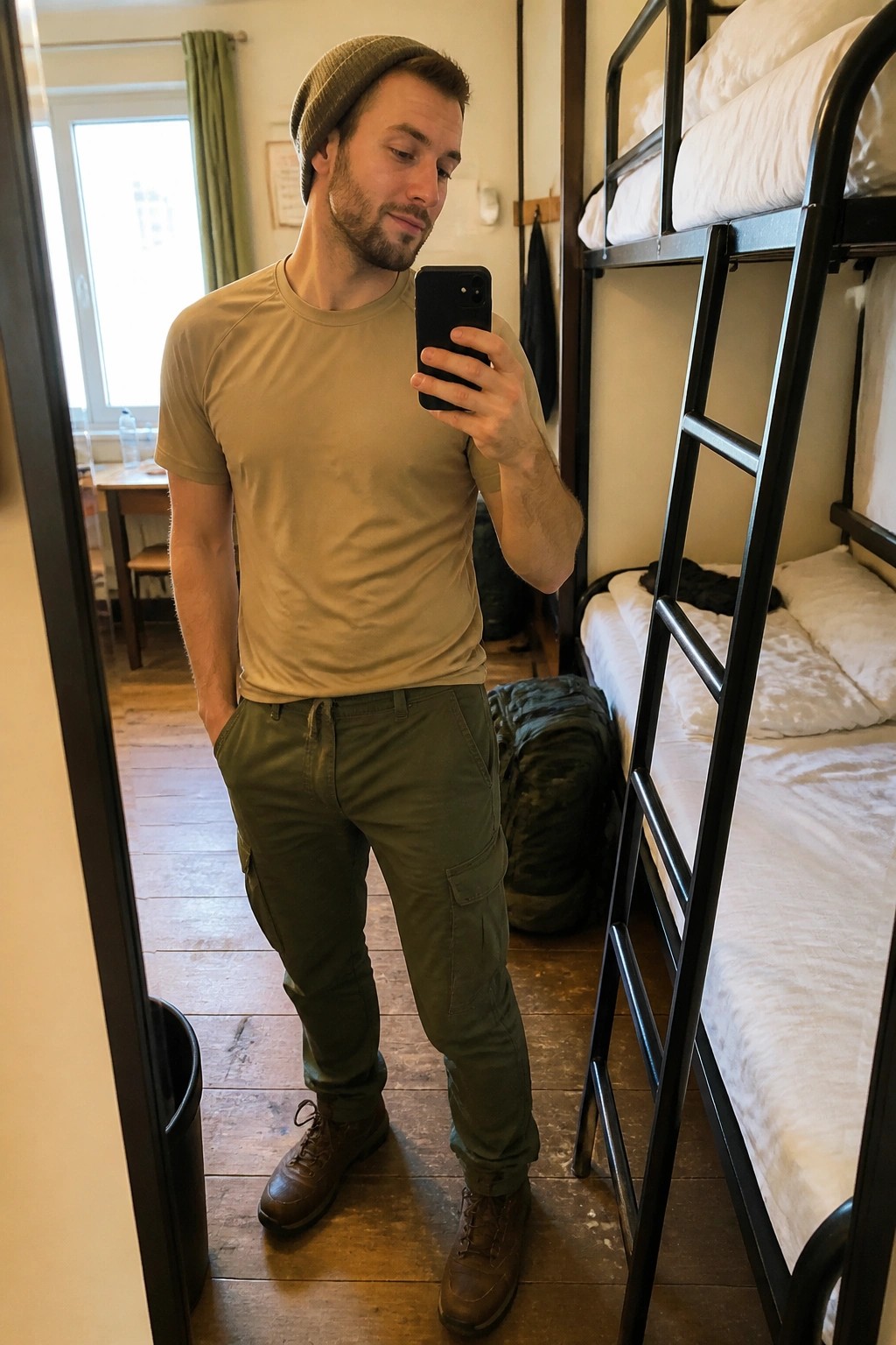 Man in beanie and cargo pants taking mirror selfie by bunk beds