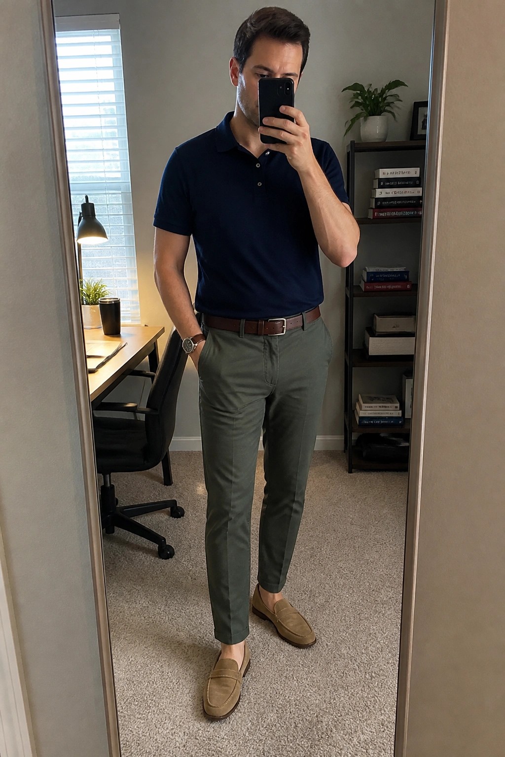 Man in navy polo, olive pants, brown belt, and suede loafers taking mirror selfie