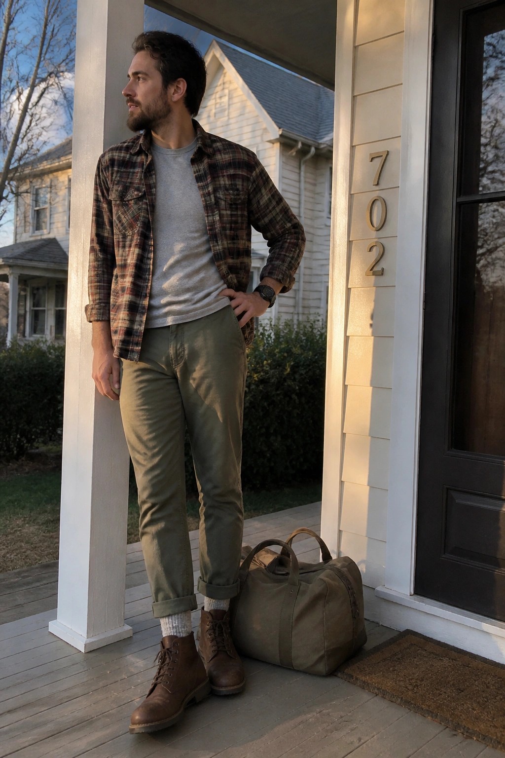 Man wearing olive green travel pants cuffed at the ankle, brown lace-up boots, gray t-shirt layered under an open plaid flannel shirt, standing on a porch next to a canvas duffel bag.