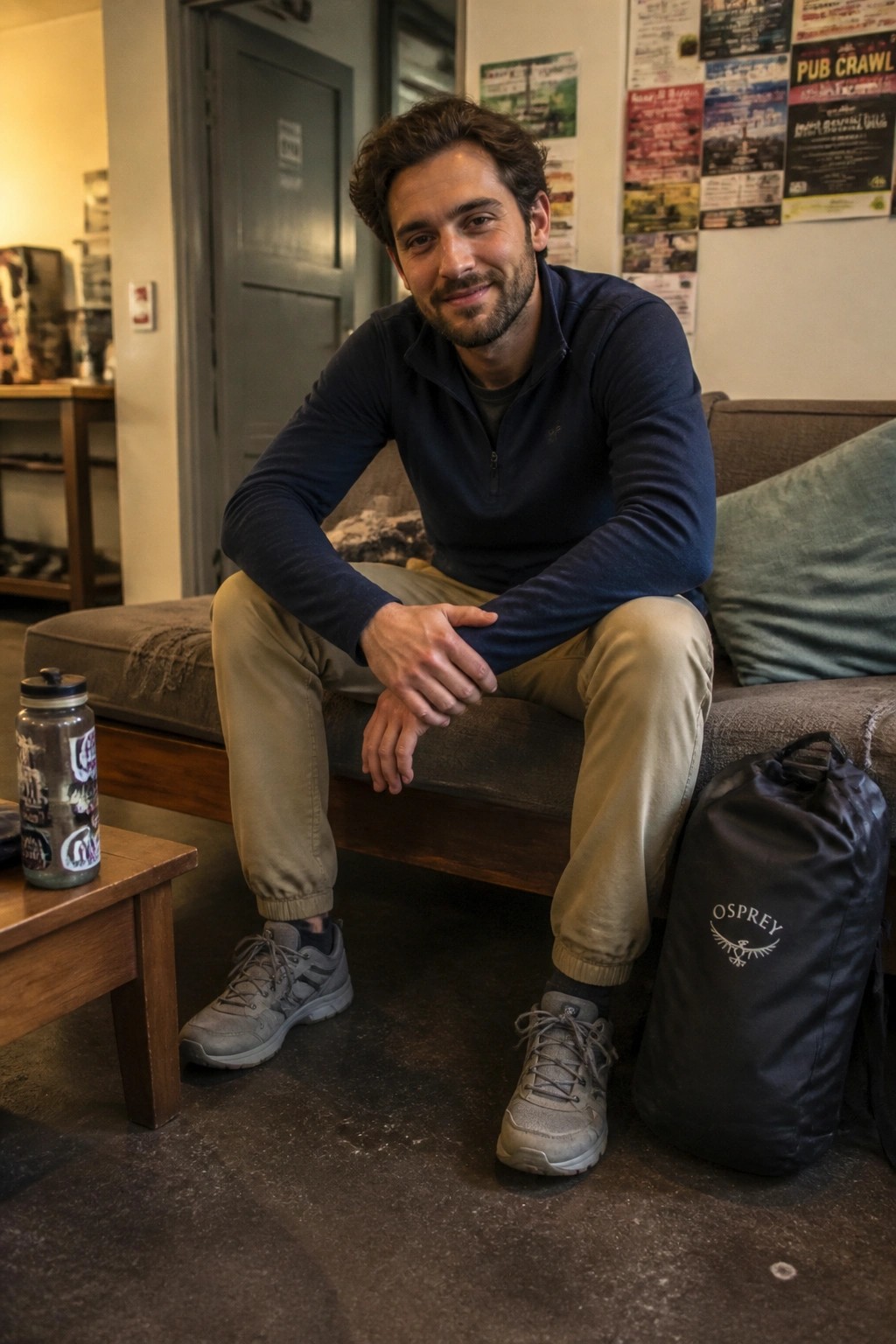 Bearded man in navy sweater and khakis seated on couch beside Osprey bag