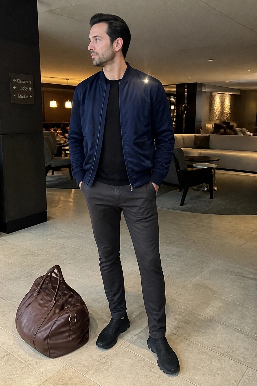 Man in navy bomber jacket with brown leather duffel bag in modern lobby