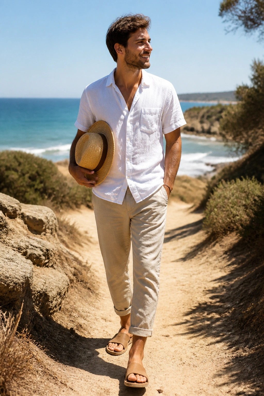 Man in white short sleeve button down shirt tucked into cuffed beige travel pants with brown slide sandals holding a straw hat on a coastal path.