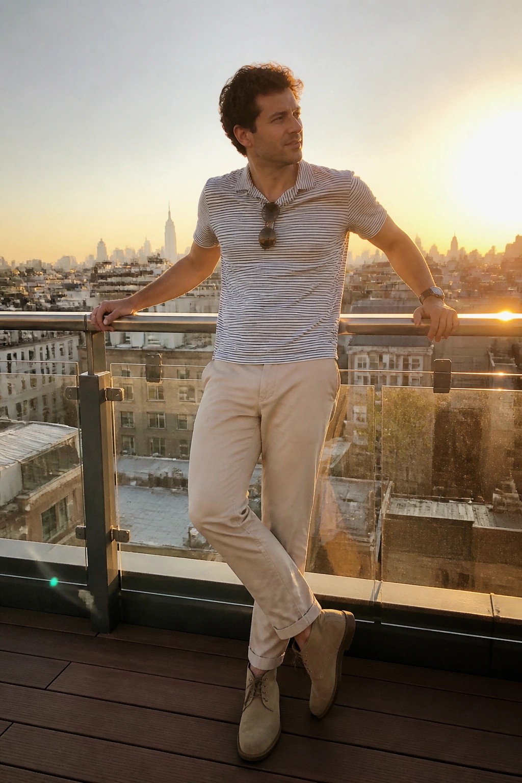 Man in striped shirt and beige pants leans on balcony overlooking city at sunset