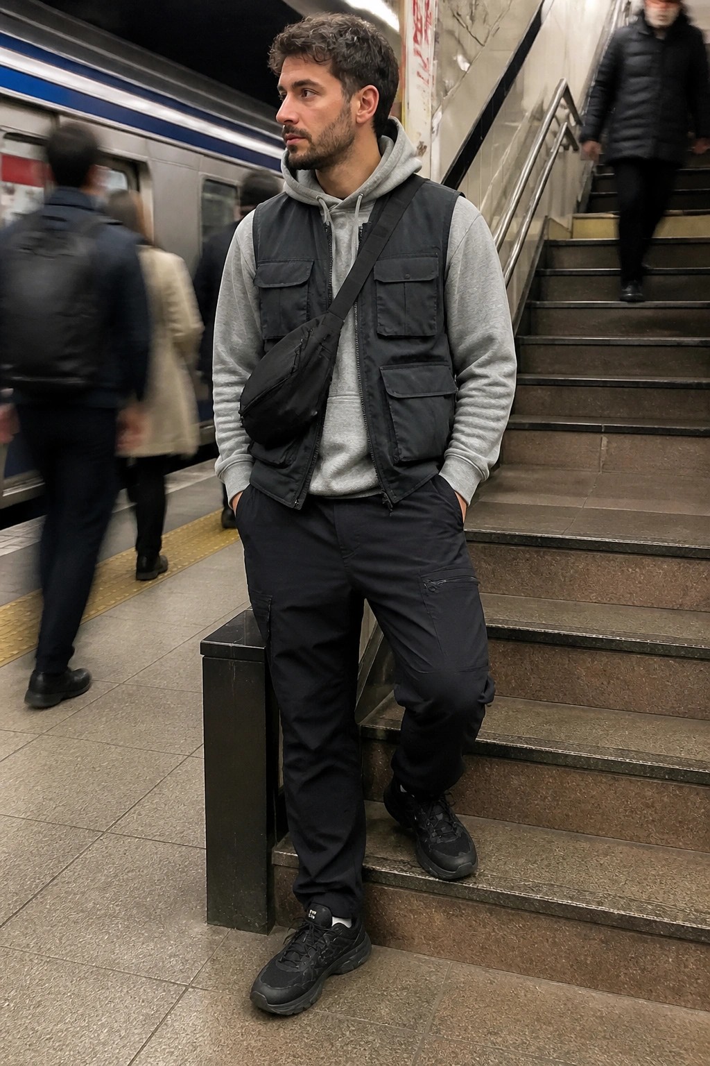 Man wearing black cargo pants, black utility vest over grey hoodie, black crossbody bag, and black sneakers in a subway station.