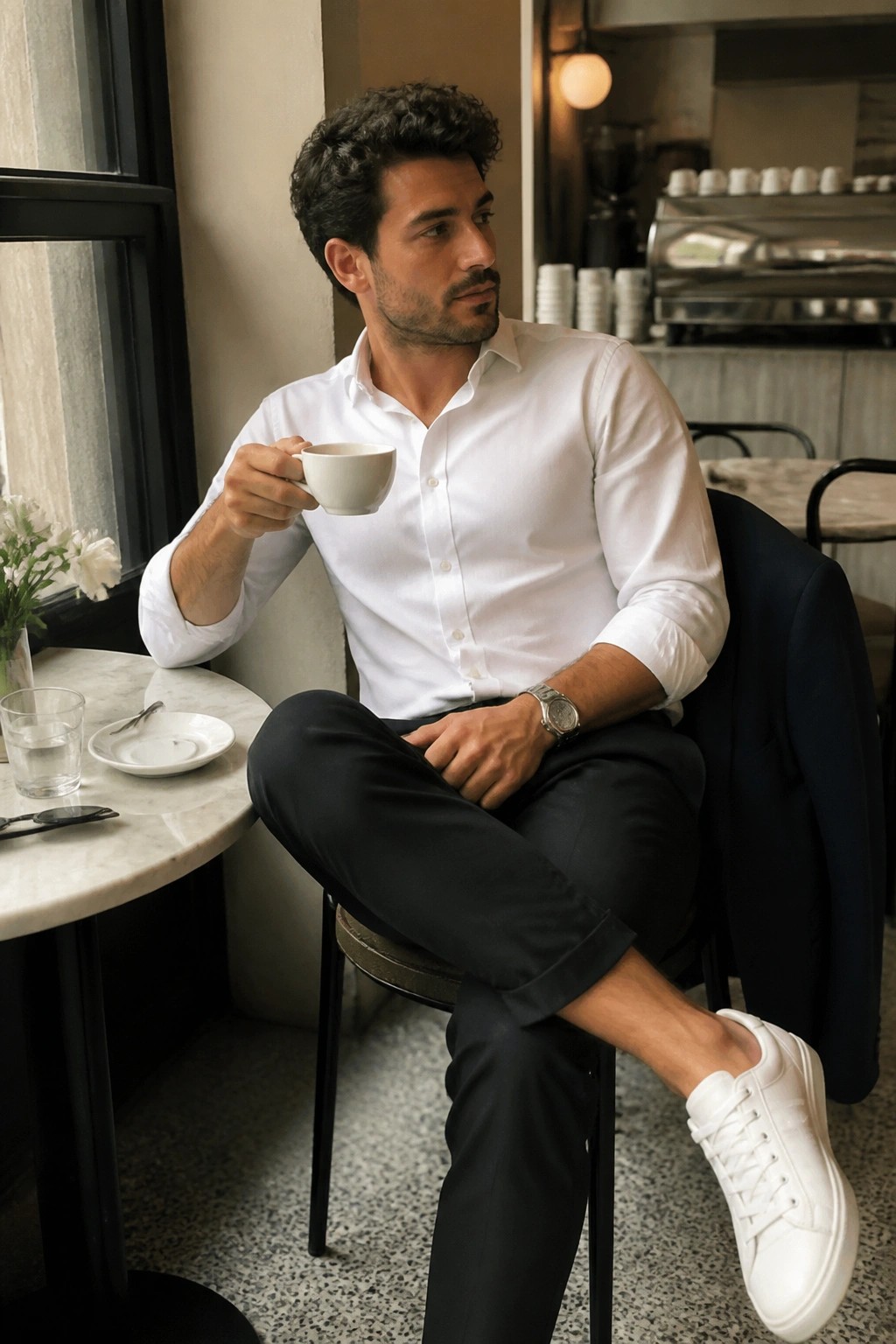 Man in white shirt and black pants sipping coffee at marble cafe table