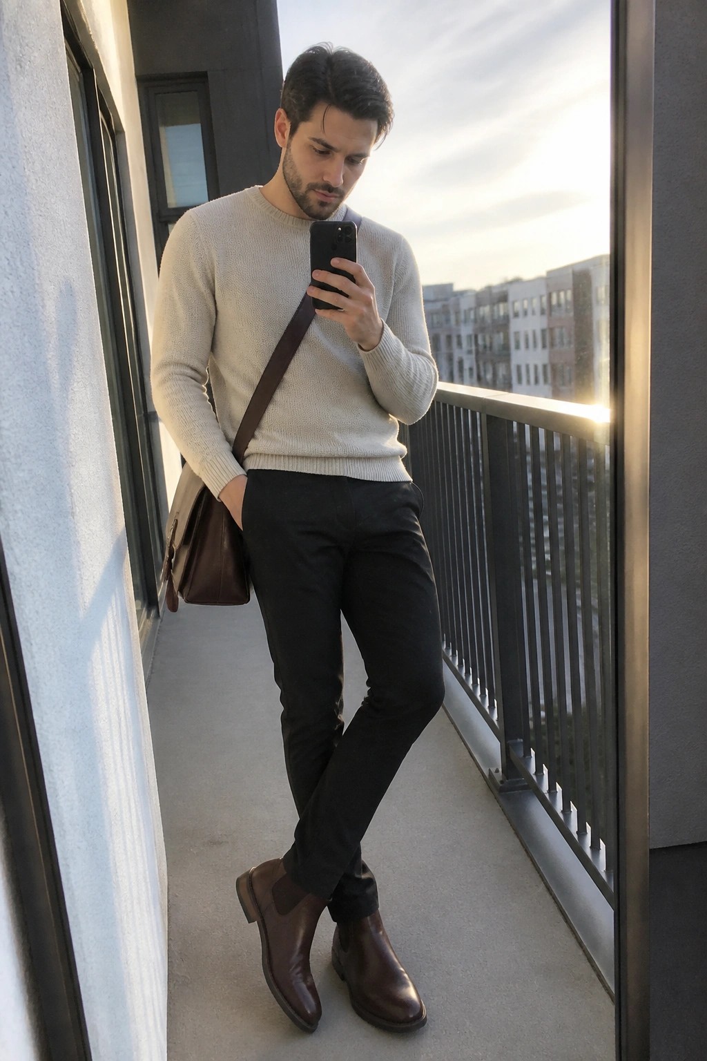 Man in beige sweater checks phone on balcony with brown leather bag and boots