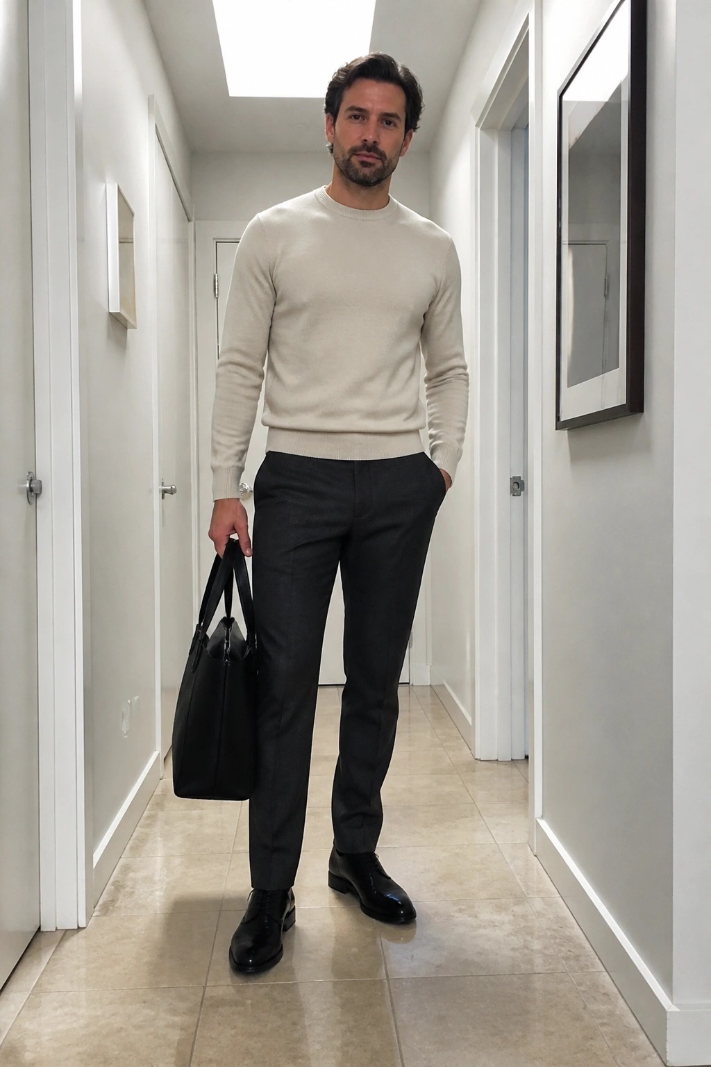 Man in cream sweater and gray trousers holding black tote in hallway