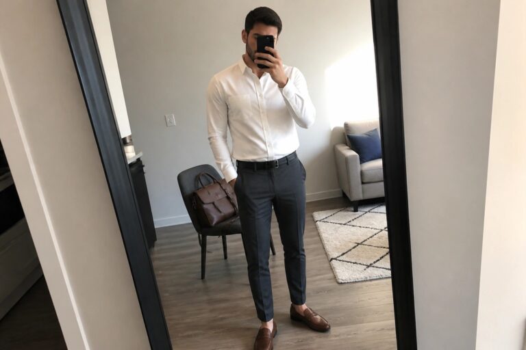 Man in white shirt and gray pants taking mirror selfie with phone.