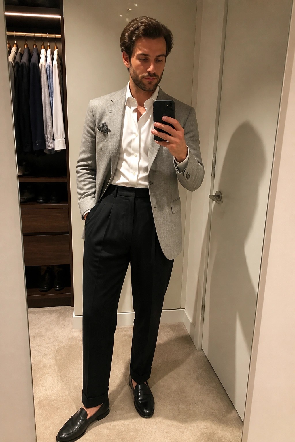 Man in gray blazer and black trousers taking mirror selfie in closet.