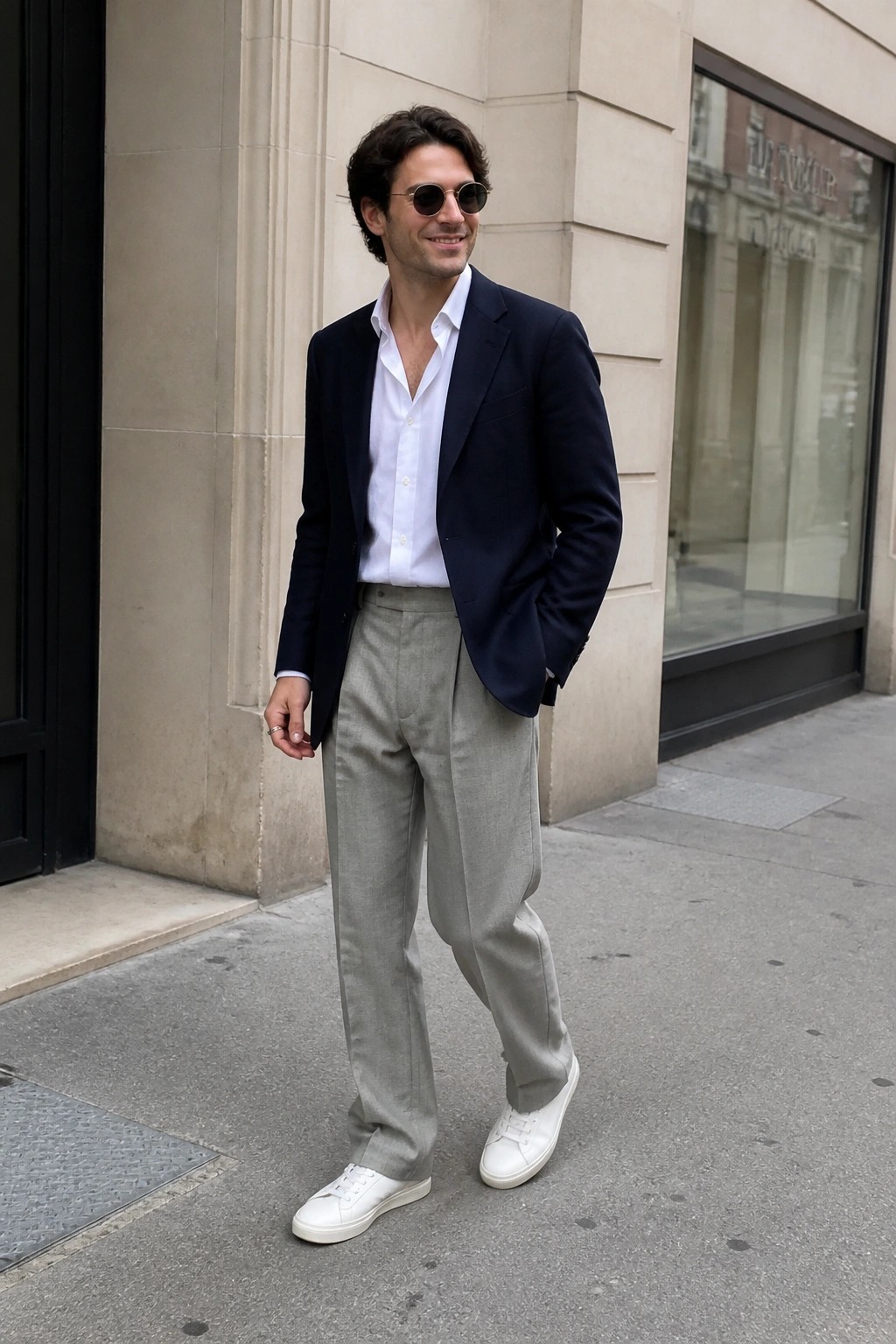 Man in navy blazer, white shirt, gray trousers and white sneakers on sidewalk