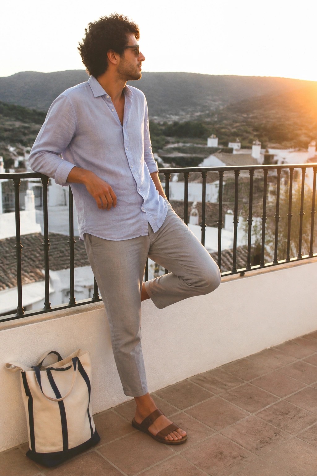 Man in light blue shirt and gray pants on balcony with tote bag at sunset