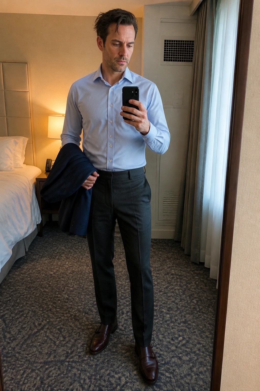 Man in light blue shirt and gray pants taking mirror selfie with phone and jacket