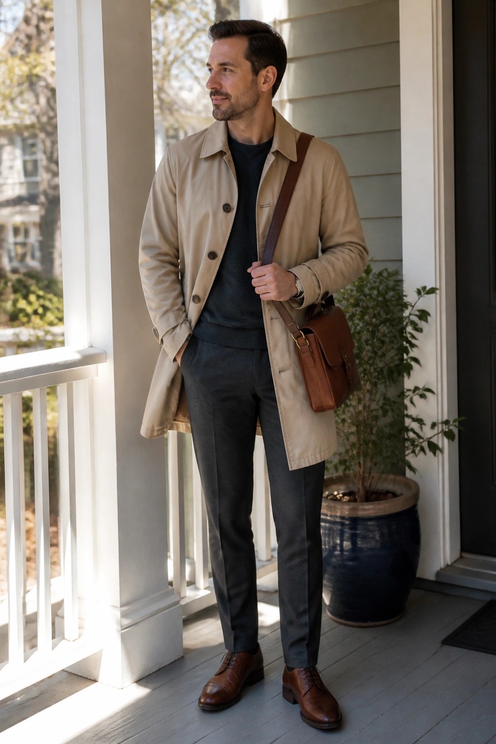 Man wearing gray dress pants, beige trench coat, dark sweater, brown leather shoes and shoulder bag in a professional layered outfit.