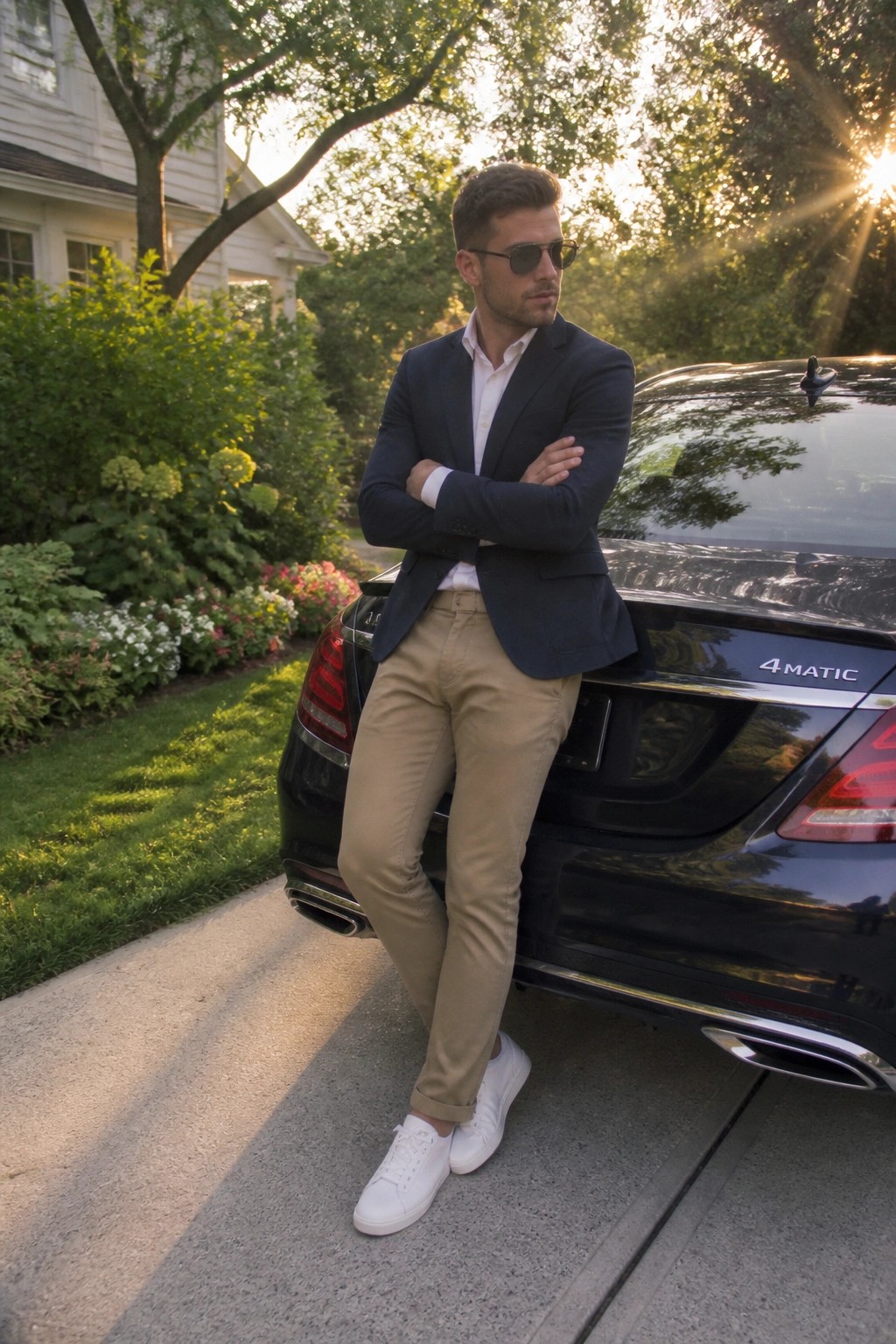 Man wearing navy blazer, white dress shirt, khaki pants, and white sneakers leaning against black car.