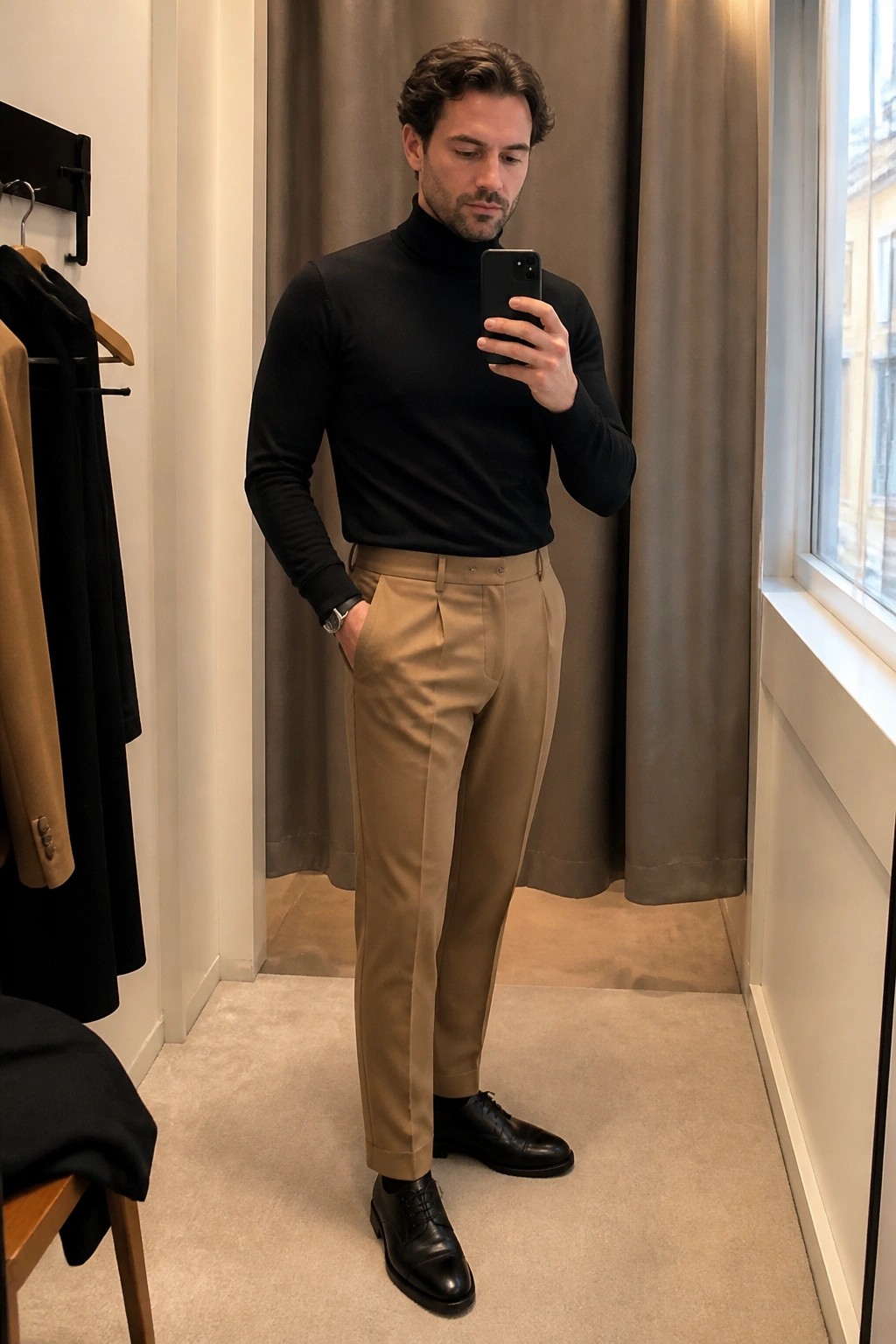 Man in black turtleneck and tan pants taking mirror selfie in fitting room.