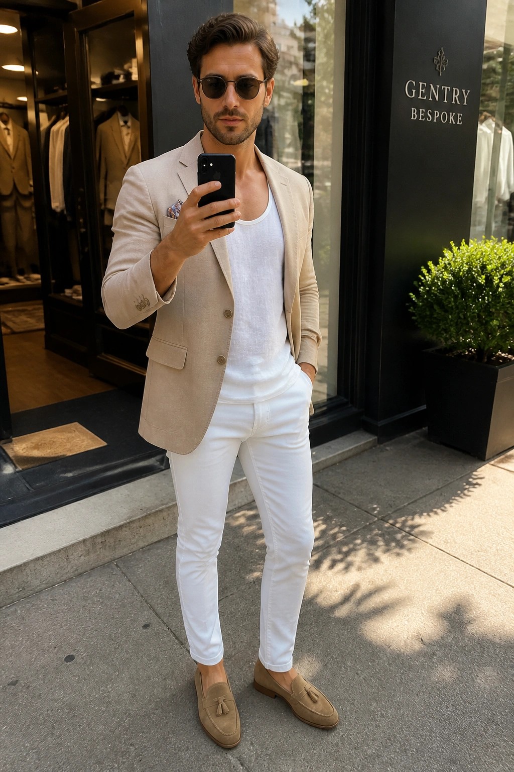 Man in beige blazer, white pants and suede loafers taking selfie outside boutique.