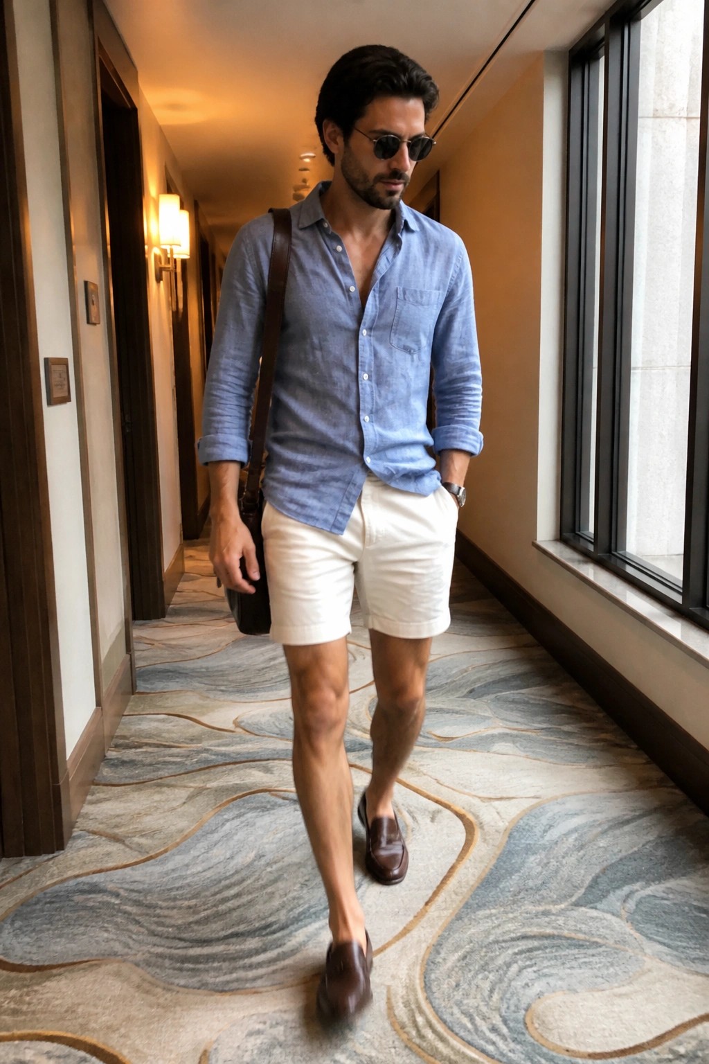 Man wearing a light blue button-up shirt with rolled sleeves tucked into white shorts, brown leather loafers, sunglasses, and a brown bag strap across the chest while walking in a hallway.