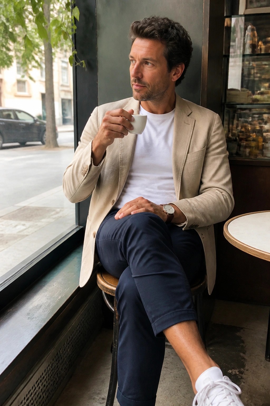 Man in beige blazer and navy pants holding white cup by window