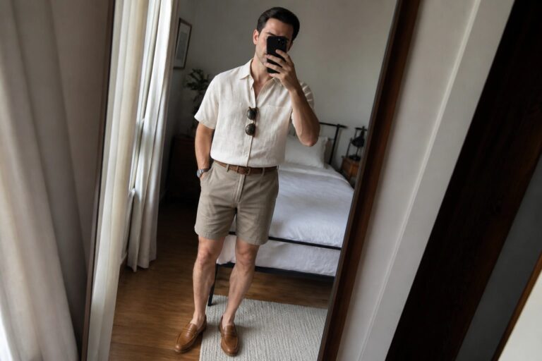 Man wearing cream short-sleeve linen button-up shirt tucked into pleated beige shorts with brown woven belt and brown leather loafers while holding a phone in a bedroom mirror selfie.