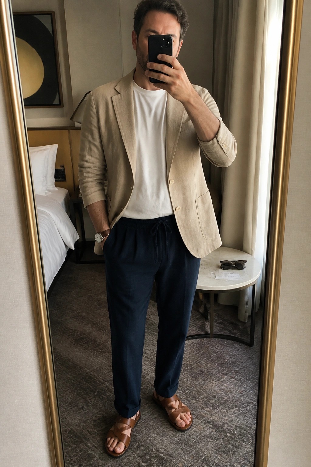 Man wearing a beige linen blazer over a white t-shirt, navy drawstring pants, and brown leather sandals while taking a mirror selfie in a hotel room.