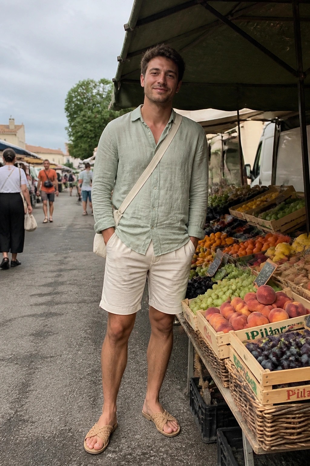 Man in light green shirt and white shorts at outdoor fruit market stall
