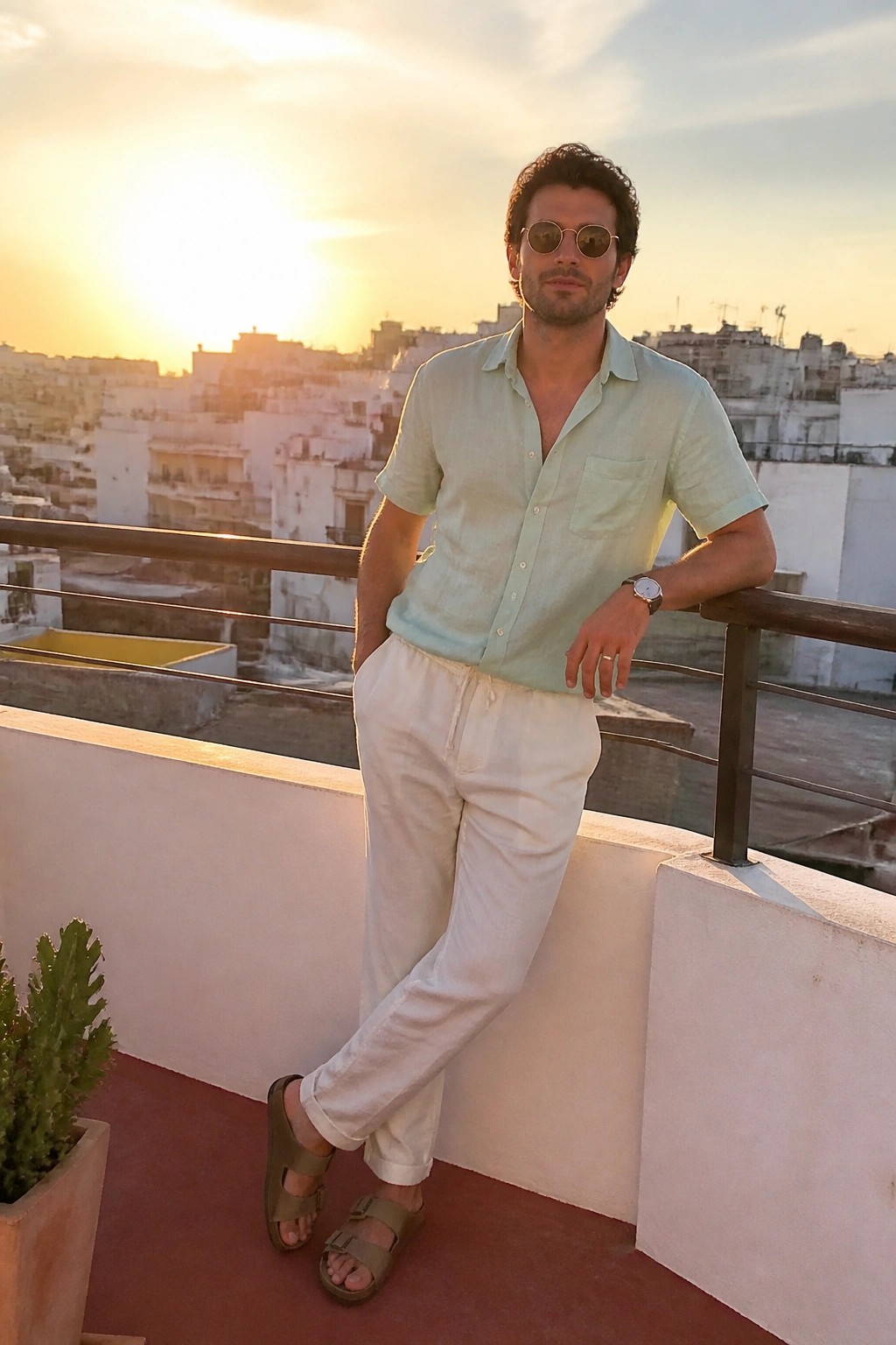 Man in light green shirt and white pants leaning on balcony at sunset