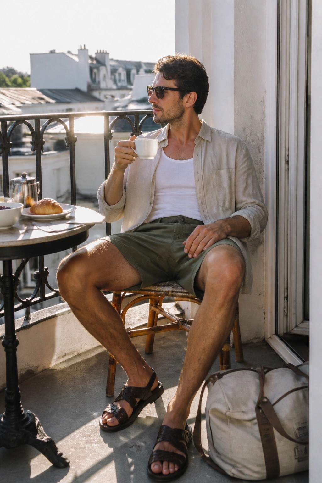 Man in beige linen button-up shirt over white tank top, olive green shorts, and brown leather sandals seated on a balcony chair.