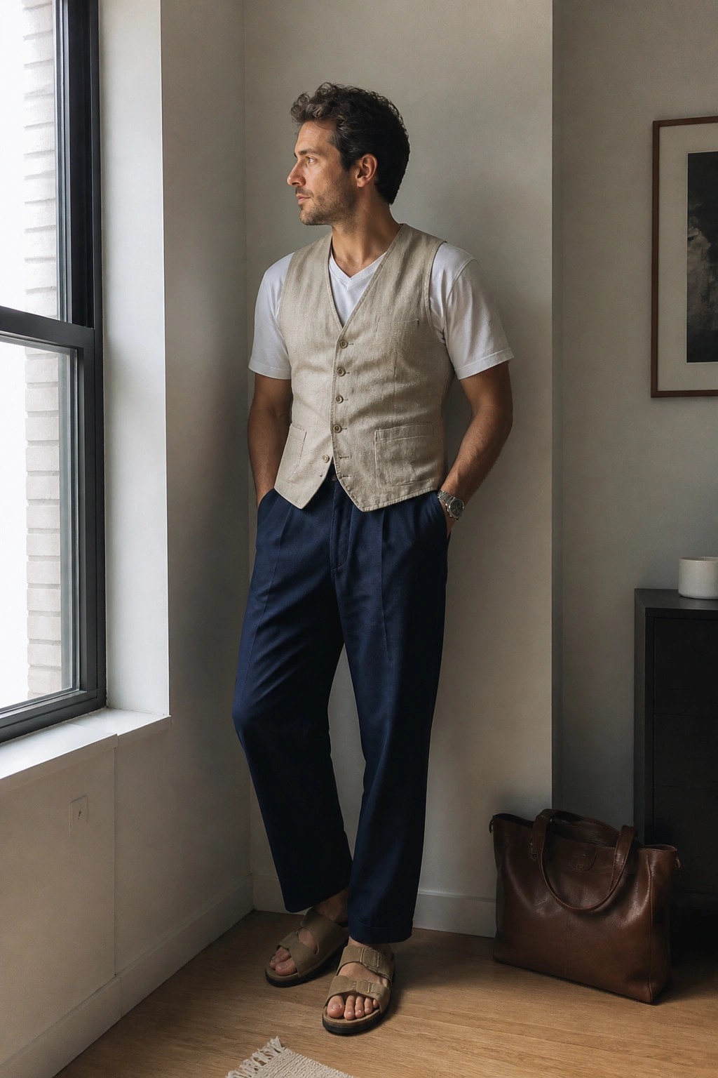 Man in beige linen vest and navy trousers stands by window with leather bag
