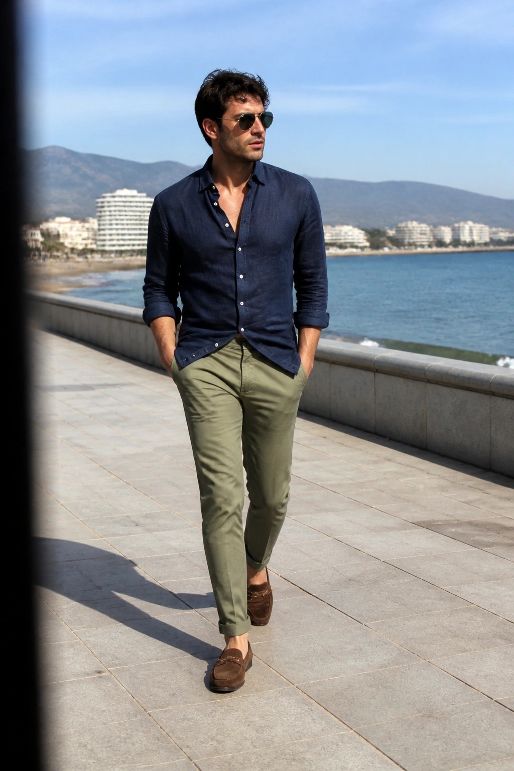 Man in navy shirt and olive pants on sunny seaside promenade, hands in pockets.