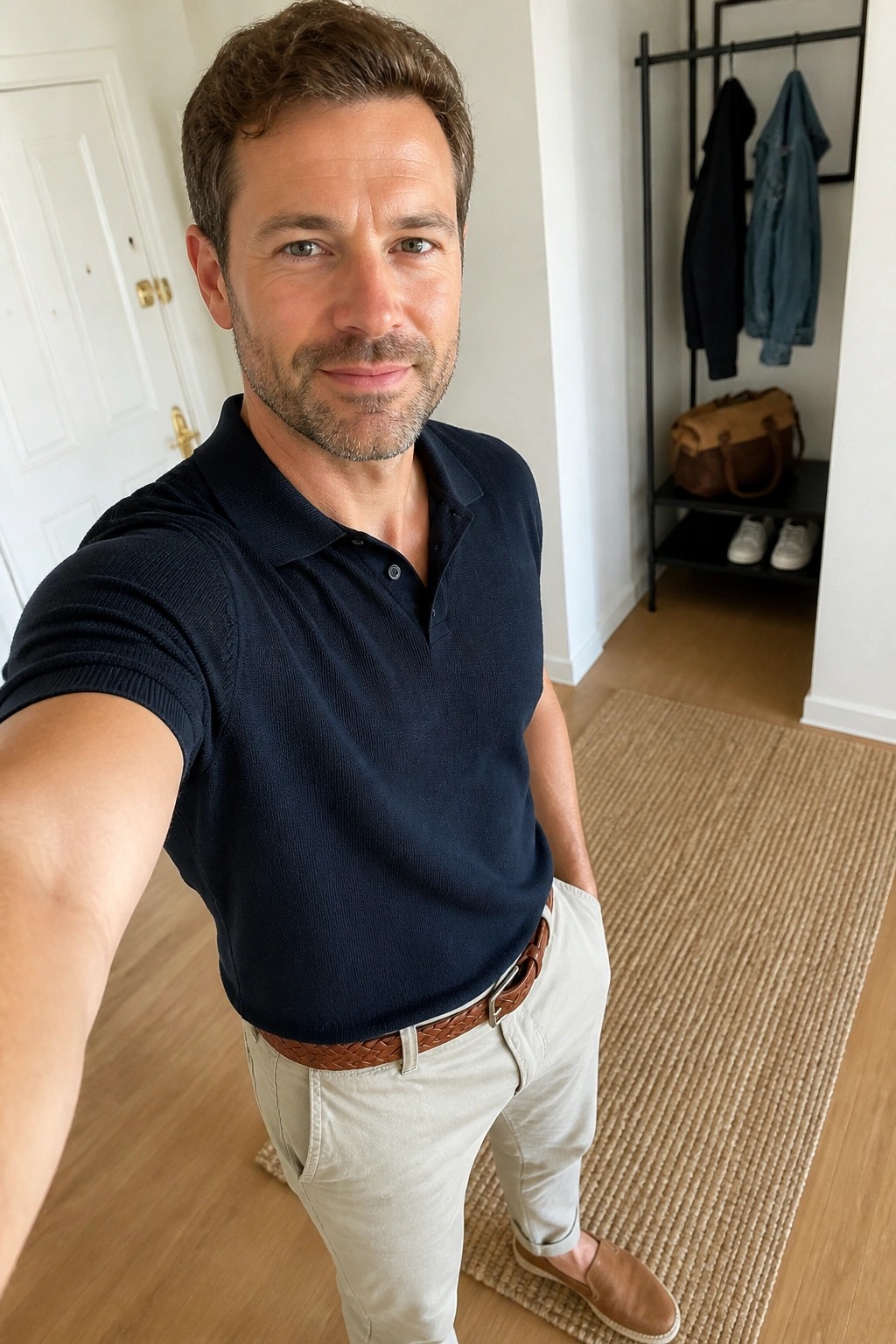 Man in navy polo shirt and beige pants taking selfie indoors on rug