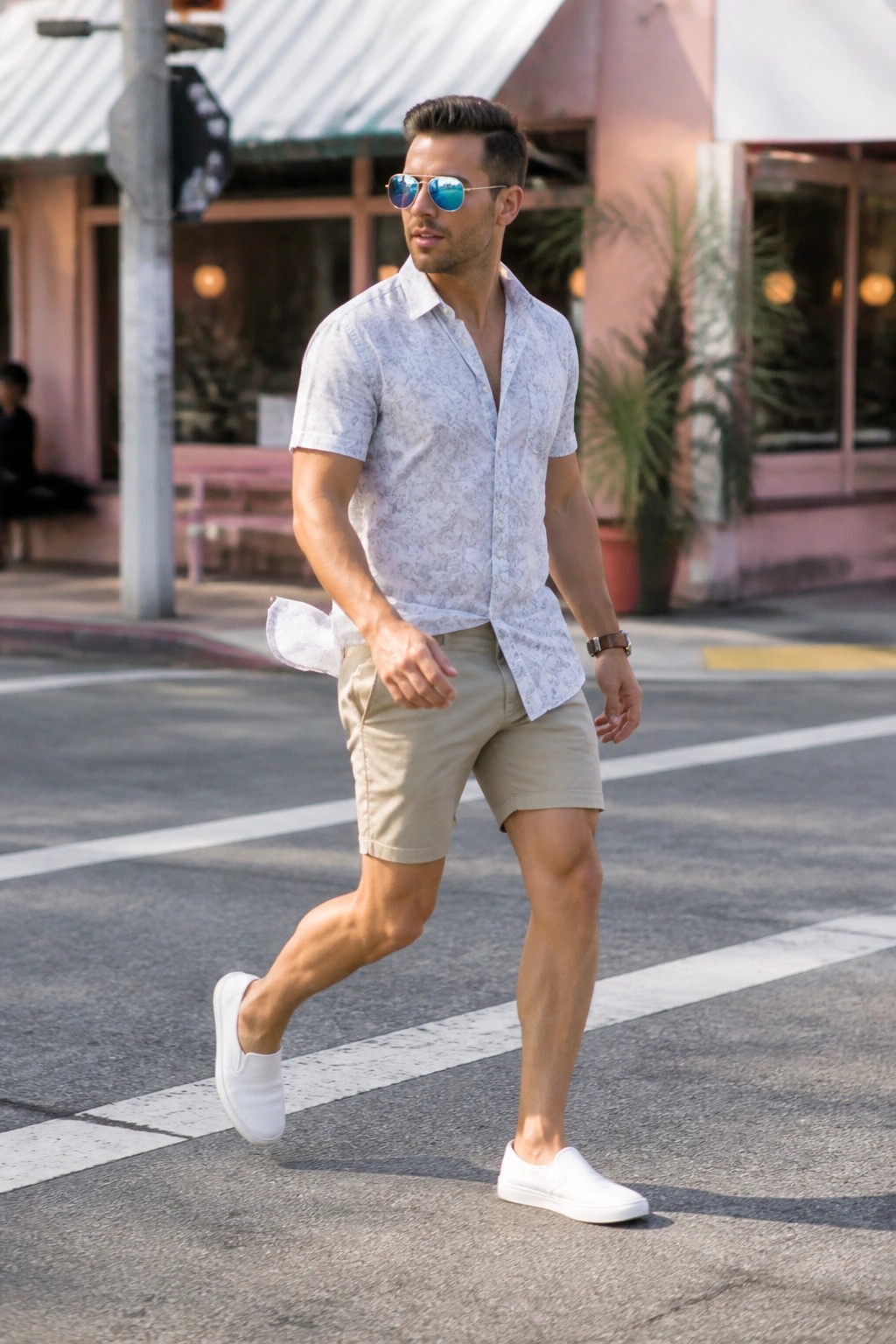 Man in patterned shirt and khaki shorts crossing street wearing sunglasses.