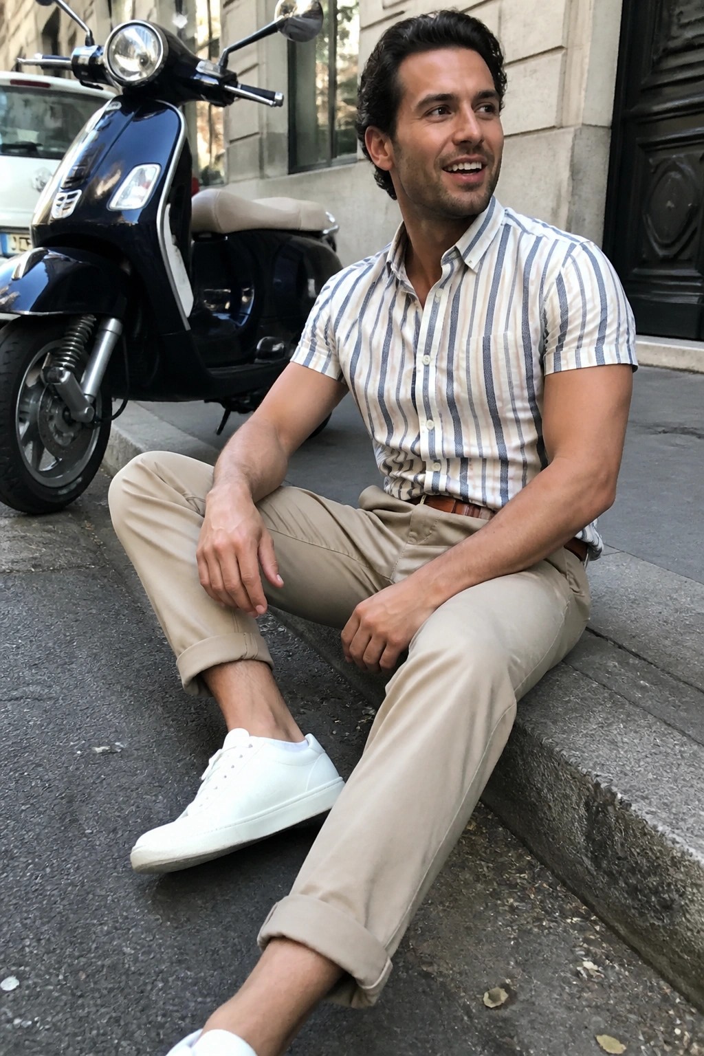 Man in striped shirt and khaki pants sitting on steps by black scooter