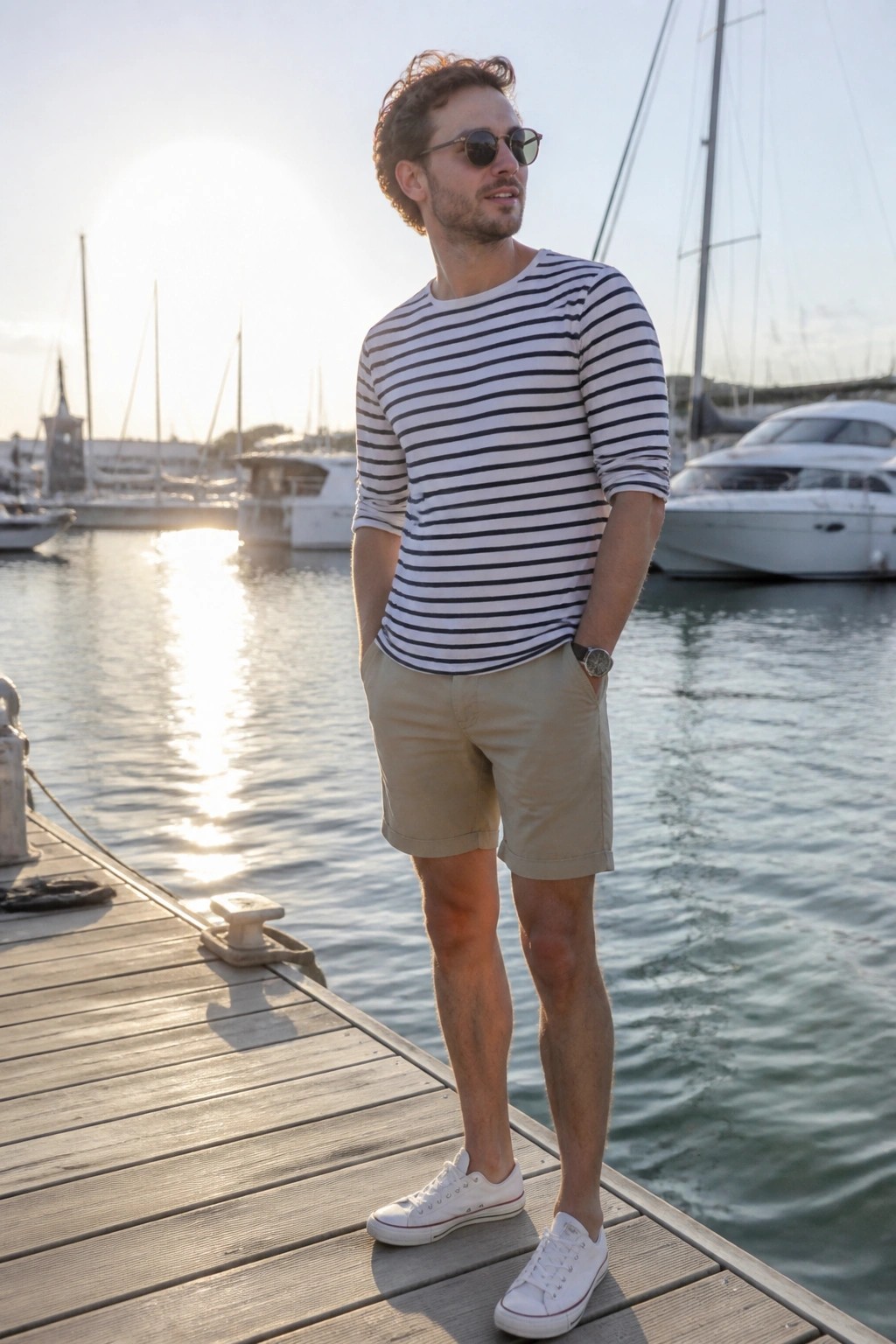 Man in striped shirt and shorts stands on dock at marina during sunset