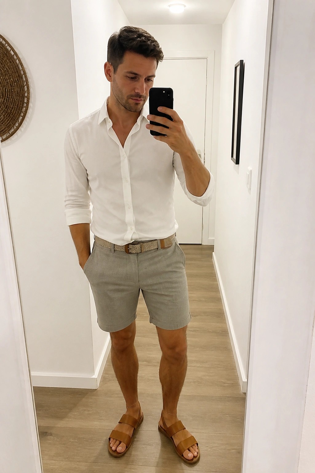 Man in white shirt and gray shorts taking mirror selfie in hallway