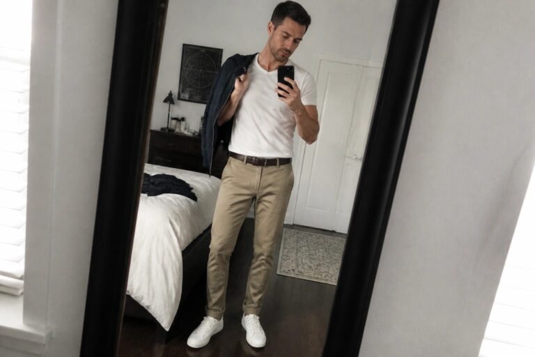Man in mirror selfie wearing white crew neck t-shirt, beige khaki pants with brown belt, white sneakers, and navy bomber jacket draped over one shoulder.