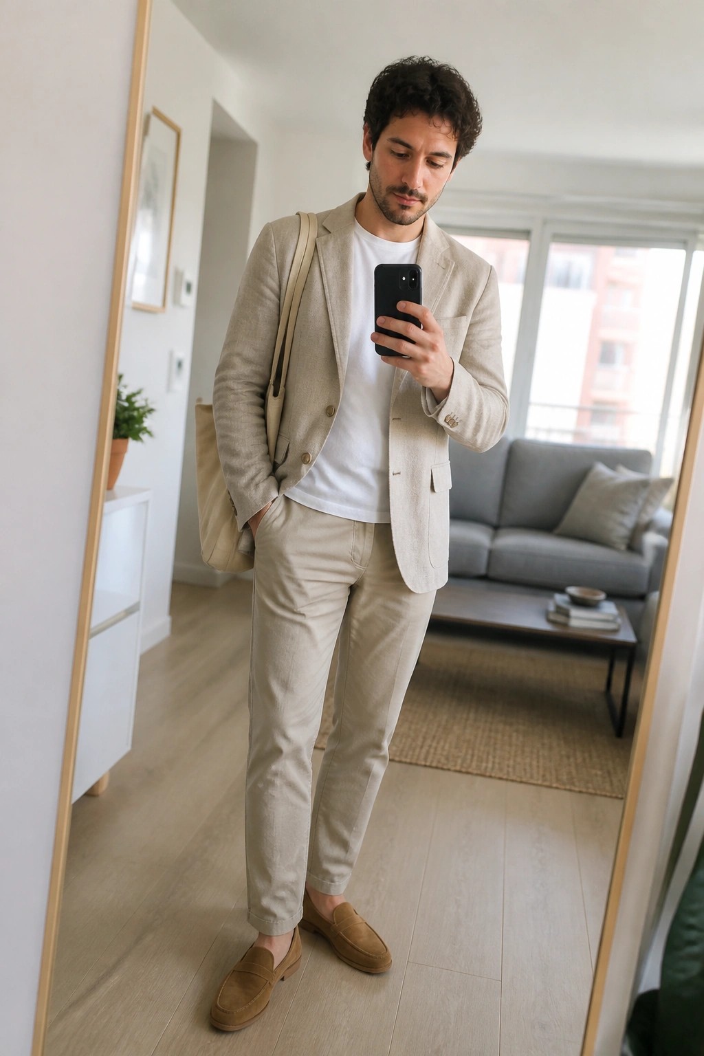 Man in beige linen suit taking mirror selfie with black phone in apartment